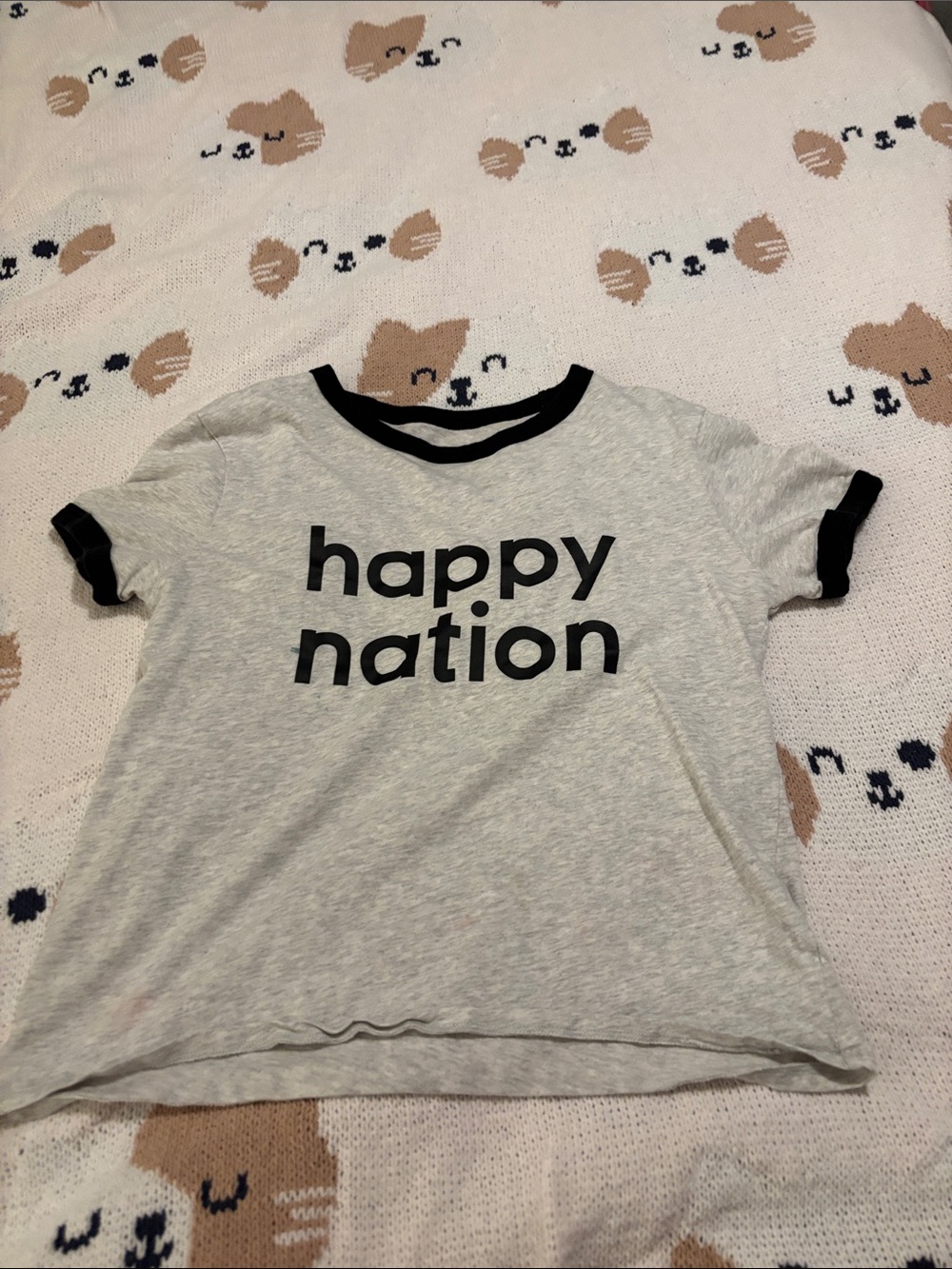 Hot Topic Gray Heather 'happy nation' Ringer Tee with Black Trim